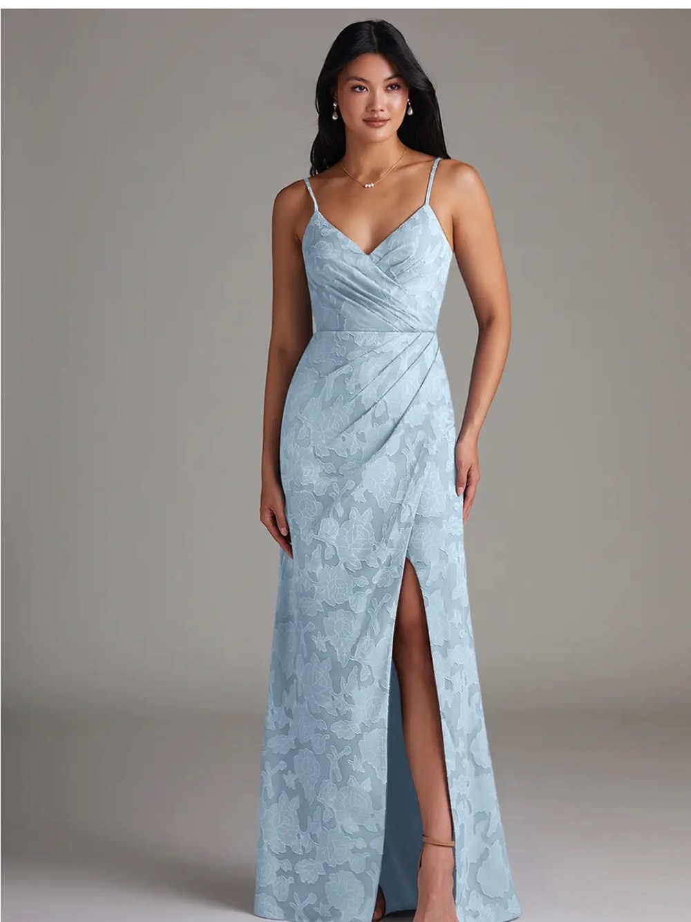 Azazie Sky Blue V-Neck Floral Lace 
Gown